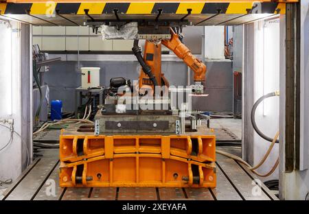 Robot che introduce i materiali nel forno e li porta successivamente alla pressa, alla cella di stampaggio a caldo, all'unità industriale, all'industria automobilistica, al centro tecnologico Foto Stock