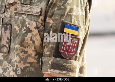 Soldato ucraino nell'esercito e bandiera, stemma con tridente d'oro su sfondo militare uniforme. Forze armate dell'Ucraina. Iscrizione su t Foto Stock