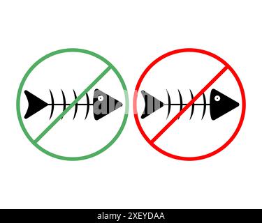 Niente ossa di pesce. Segno rotondo incrociato con scheletro di pesce. Illustrazione vettoriale su sfondo bianco vuoto. Illustrazione Vettoriale