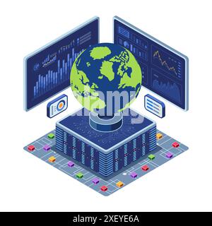 Schermata Isometric Global Data Center with Big Data Analytics. Concetto di analisi dei big data. Illustrazione Vettoriale