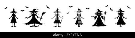Set di sagome nere di streghe con pipistrelli isolati su sfondo bianco. Concetto di Halloween, magia, personaggio spettrale, simbolo di stregoneria. Stampa, Illustrazione Vettoriale