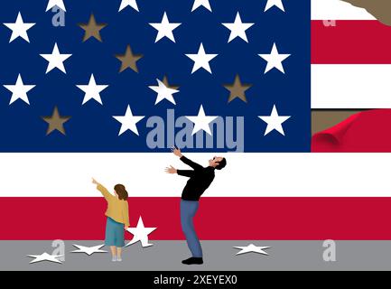 Un padre e una figlia sono sconvolti dalle stelle e dalle strisce che cadono dalla bandiera degli Stati Uniti in questa illustrazione in 3D sull'America che cade a pezzi con la politica Foto Stock