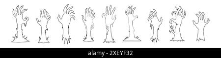 Set di Black Outlines di raccapriccianti mani zombie isolate su uno sfondo bianco. Strane mani di mostro. Concetto di horror, Halloween, design inquietante. Stampa, Illustrazione Vettoriale