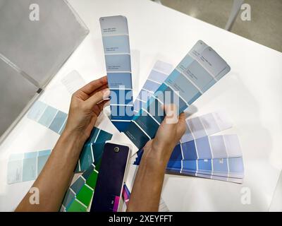 La donna sta esaminando diversi campioni di vernice a un tavolo Foto Stock