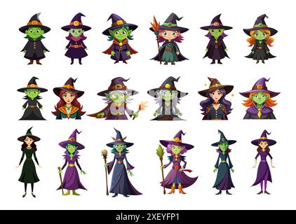 Grande serie di streghe cartoni animati con cappelli e vesti appuntiti, isolate su sfondo bianco. Concetto di Halloween, fantasia, magia, personaggi femminili, magie, incantesimi, stregoneria. Stampe, elementi di design Illustrazione Vettoriale