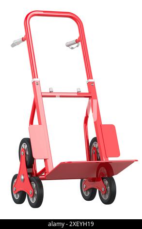 Carrello a mano rosso per salire le scale, rendering 3D isolato su sfondo bianco Foto Stock