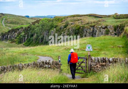 Vista verso est lungo il Vallo di Adriano da Steel Rigg, Northumberland, Inghilterra Foto Stock