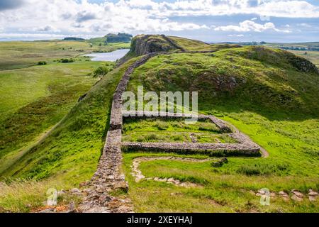 Vista verso est verso Milecastle 39 - Vallo di Adriano, Northumberland, Inghilterra. Foto Stock