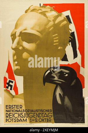 Poster di guerra tedesco d'epoca : prima giornata della Gioventù Nazionalsocialista del Reich (Gioventù hitleriana), Potsdam, ottobre 1932, di Ludwig Hohlwein intorno agli anni '1930 Poster degli eventi nazisti Foto Stock