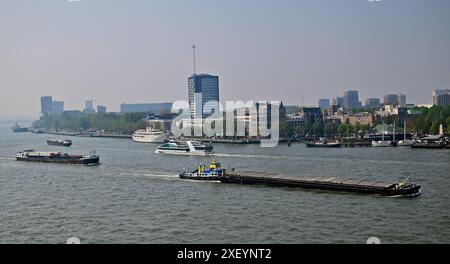 Attività commerciale intensa sul fiume nuova Mosa nel centro di Rotterdam, Paesi Bassi. Foto Stock