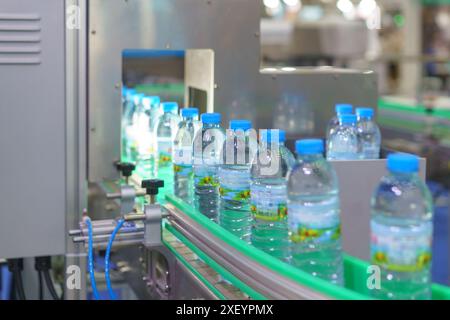linea di imbottigliamento automatizzata, un componente chiave nei moderni impianti di produzione delle bevande Foto Stock