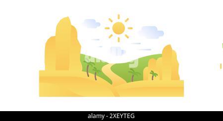 Paesaggio tropicale di montagna estivo con palme in sabbia, strada attraverso la verde valle illustrazione vettoriale Illustrazione Vettoriale