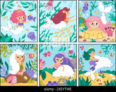 Sirena vettoriale da punto a punto e attività a colori ambientata con una principessa di mare, colorata scena subacquea. Ocean kingdom connette la collezione di giochi dots per bambini Illustrazione Vettoriale