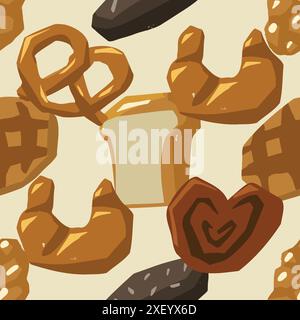 Disposizione senza cuciture di vari tipi di pane. Waffle, pane, baguette, panini, pretzel, croissant e altri prodotti da forno Illustrazione Vettoriale