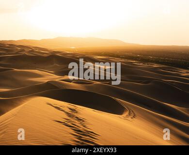 Tramonto nel deserto del Gobi. Spettacolo di colori alle dune cantanti di Khongoryn Els, dove la steppa confina con le dune Foto Stock