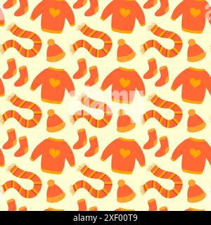 Abiti caldi autunnali con motivo senza cuciture. Maglione, cappello, sciarpa, calze a maglia. Accogliente sfondo autunnale. Illustrazione piatta vettoriale. Illustrazione Vettoriale
