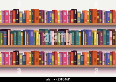 un ripiano di libri senza interruzioni con vari libri Illustrazione Vettoriale