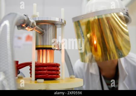 Apparecchiatura di levitazione del vuoto assistita da un forno a induzione, l'apparecchiatura di levitazione del vuoto da 100-1000 g comprende crogiolo, bobina e stampo Foto Stock