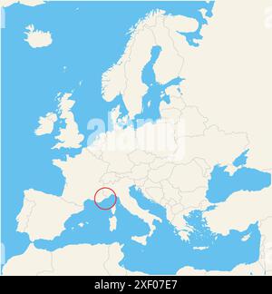 Mappa di localizzazione che mostra la posizione del paese Monaco in Europa. Il paese viene evidenziato con un poligono rosso. Anche i paesi piccoli sono contrassegnati con Illustrazione Vettoriale