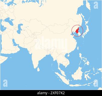 Mappa di localizzazione che mostra la posizione del paese Corea del Nord in Asia. Il paese viene evidenziato con un poligono rosso. Anche i paesi piccoli sono contrassegnati come wi Illustrazione Vettoriale