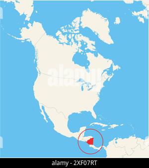 Mappa di localizzazione che mostra la posizione del paese Nicaragua in Nord America. Il paese viene evidenziato con un poligono rosso. Anche i paesi piccoli sono ma Illustrazione Vettoriale