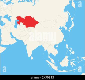 Mappa di localizzazione che mostra la posizione del paese Kazakistan in Asia. Il paese viene evidenziato con un poligono rosso. Anche i paesi piccoli sono contrassegnati con spirito Illustrazione Vettoriale