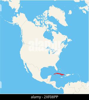 Mappa di localizzazione che mostra la posizione del paese Cuba in Nord America. Il paese viene evidenziato con un poligono rosso. Anche i paesi piccoli sono marcati Illustrazione Vettoriale