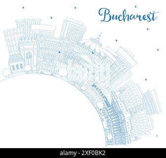 Delinea lo skyline della città di Bucarest in Romania con edifici blu e spazio copia. Illustrazione vettoriale. Paesaggio urbano di Bucarest con monumenti storici. Viaggi d'affari. Illustrazione Vettoriale