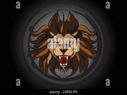 Potente ruggito di leoni che mostra le zanne su sfondo nero Illustrazione Vettoriale