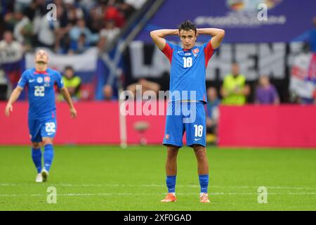 Il slovacco David Strelec reagisce dopo un'occasione persa durante la partita di UEFA Euro 2024, round of 16 all'Arena AufSchalke di Gelsenkirchen, Germania. Data foto: Domenica 30 giugno 2024. Foto Stock