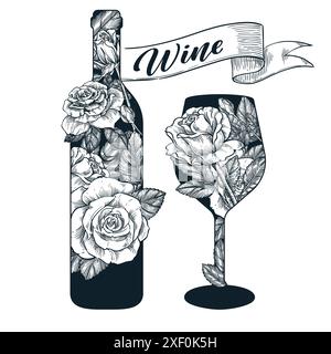 Bottiglia di vino e bicchiere con fiori di rose. Illustrazione dello schizzo disegnata a mano vettoriale isolata su sfondo bianco. Etichetta, poster, p Illustrazione Vettoriale
