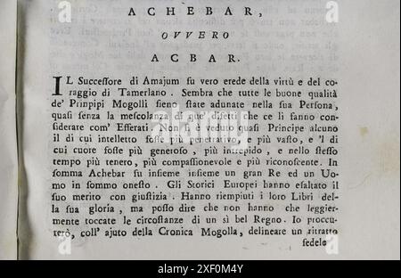 "Mappamondo Istorico". Volume VIII. Impero Moghul. Akbar (Abu'l-Fath Jalal-ud-din Muhammad Akbar) (1542-1605), conosciuto come Akbar il grande. Terzo imperatore Moghul dell'India (1556-1605). Di padre Antonio Foresti (1625-1692), della compagnia di Gesù. Venezia, 1733. Autore: Antonio Foresti (1625-1692). Gesuita e storico italiano. Foto Stock