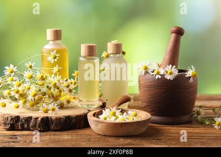 Diversi fiori e bottiglie di oli essenziali su tavola di legno Foto Stock