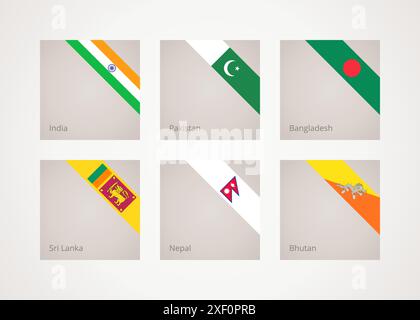 Bandiere angolari a nastro inclinate di India, Pakistan, Bangladesh, Sri Lanka, Nepal e Bhutan Illustrazione Vettoriale