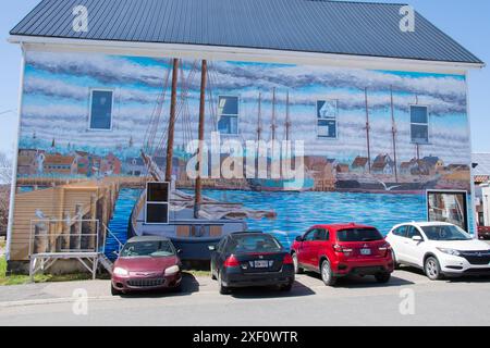 Storico murale del porto nel centro di St. Andrews, New Brunswick, Canada Foto Stock