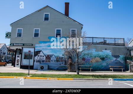 Murale di Kingsbrae Garden all'angolo tra King e Water Street nel centro di St. Andrews, New Brunswick, Canada Foto Stock