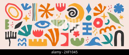 Set vettoriale di forme geometriche astratte, linee e forme naturali. Collezione di semplici figure disegnate a mano, elementi di design organici matisse. Icone a mano libera per bambini, oggetti a forma libera per scarabocchi Illustrazione Vettoriale