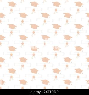 Motivo senza cuciture con copricapo graduato e diplomi in una disposizione simile a una griglia, colori morbidi su sfondo chiaro, perfetto per graduazioni Illustrazione Vettoriale