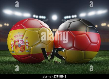 Due palline da calcio con bandiere colorate su sfondo sfocato. Spagna vs Germania. Immagine 3D. Foto Stock