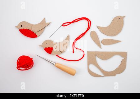 processo che mostra la creazione di un'imbarcazione per uccelli, con i dettagli dei passaggi, dai pezzi ritagliati all'uccello cucito finale. Progetto fai da te ideale per gli appassionati di artigianato, ki Foto Stock