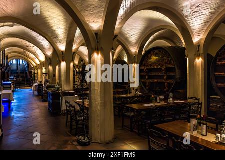 Il Bremer Ratskeller è un ristorante tradizionale e negozio di vini nella cantina del municipio di Brema risalente al 1405, dove da allora i vini tedeschi sono stati immagazzinati e venduti. Nel Ratskeller, gli ospiti possono ammirare la cosiddetta botte di delfini del XVIII secolo. La magnifica botte del XVIII secolo raffigura la chiave di Brema. Brema, Germania Foto Stock