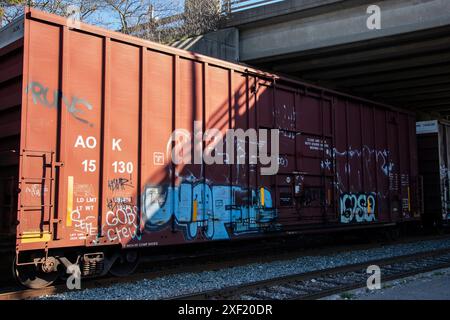 Graffiti marcati sui vagoni ferroviari di Station Street nel centro di Saint John, New Brunswick, Canada Foto Stock