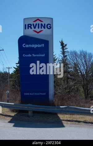 Cartello del terminal delle navi da crociera Irving Oil Canaport su Red Head Road a Saint John, New Brunswick, Canada Foto Stock