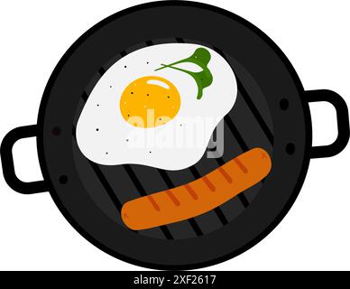 Colazione casalinga uova fritte con microverdure, spezie e salsiccia nella griglia. Idea promozionale vista dall'alto. EPS isolato. Schede di menu vettoriali, poster, banner, brochure o Web, prezzo, concetto di progettazione delle etichette Illustrazione Vettoriale
