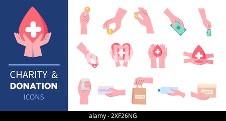 Set icone donazione mani - simboli di beneficenza, donazione, aiuto e supporto per campagne senza scopo di lucro e di raccolta fondi Illustrazione Vettoriale