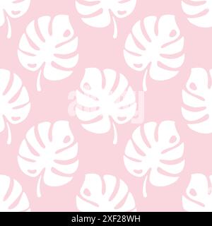 Monstera lascia senza cuciture motivo, tessuto e texture tessile. Modello tropicale. Texture floreale vettoriale con foglie di palma su sfondo rosa. Design tessile scandinavo Illustrazione Vettoriale