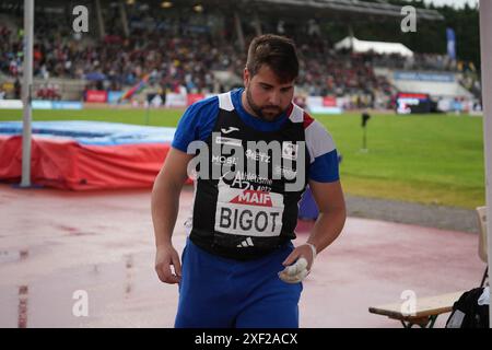 Angers, Francia. 29 giugno 2024. BIGOT Quentin Athletisme Metz Metropole FINALE MARTEAU MASCHILE durante i Campionati francesi di atletica leggera 2024 il 29 giugno 2024 allo Stade du Lac de Maine di Angers, Francia. Foto di Laurent Lairys/ABACAPRESS. COM credito: Abaca Press/Alamy Live News Foto Stock