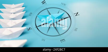 Blue Paper Boat Leading a Fleet of Small White Boats with Compass icon on Blue background with Sunlight - Leadership Concept. Una flotta di Small White B. Foto Stock