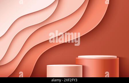 studio 3d wave con podio display per il prodotto. Spazio minimo astratto con piedistallo circolare. Modello geometrico ondulato e con sfondo a parete curva con tavolino cilindrico. Rendering di una vetrina di lusso vuota Illustrazione Vettoriale
