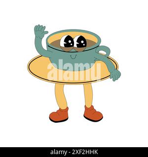 Set di caratteri Coffee Groovy. Isolato su bianco. Simpatico adesivo per la preparazione della bevanda calda y2k. Elemento retrò della tazza da caffè. Illustrazione Vettoriale